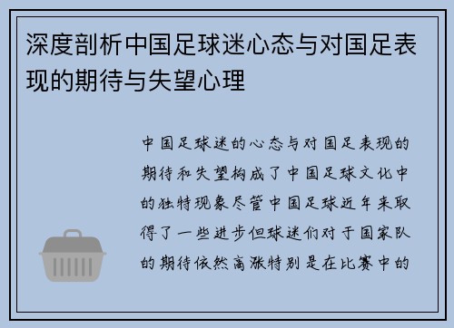 深度剖析中国足球迷心态与对国足表现的期待与失望心理 深度剖析中国足球迷心态与对国足表现的期待与失望心理